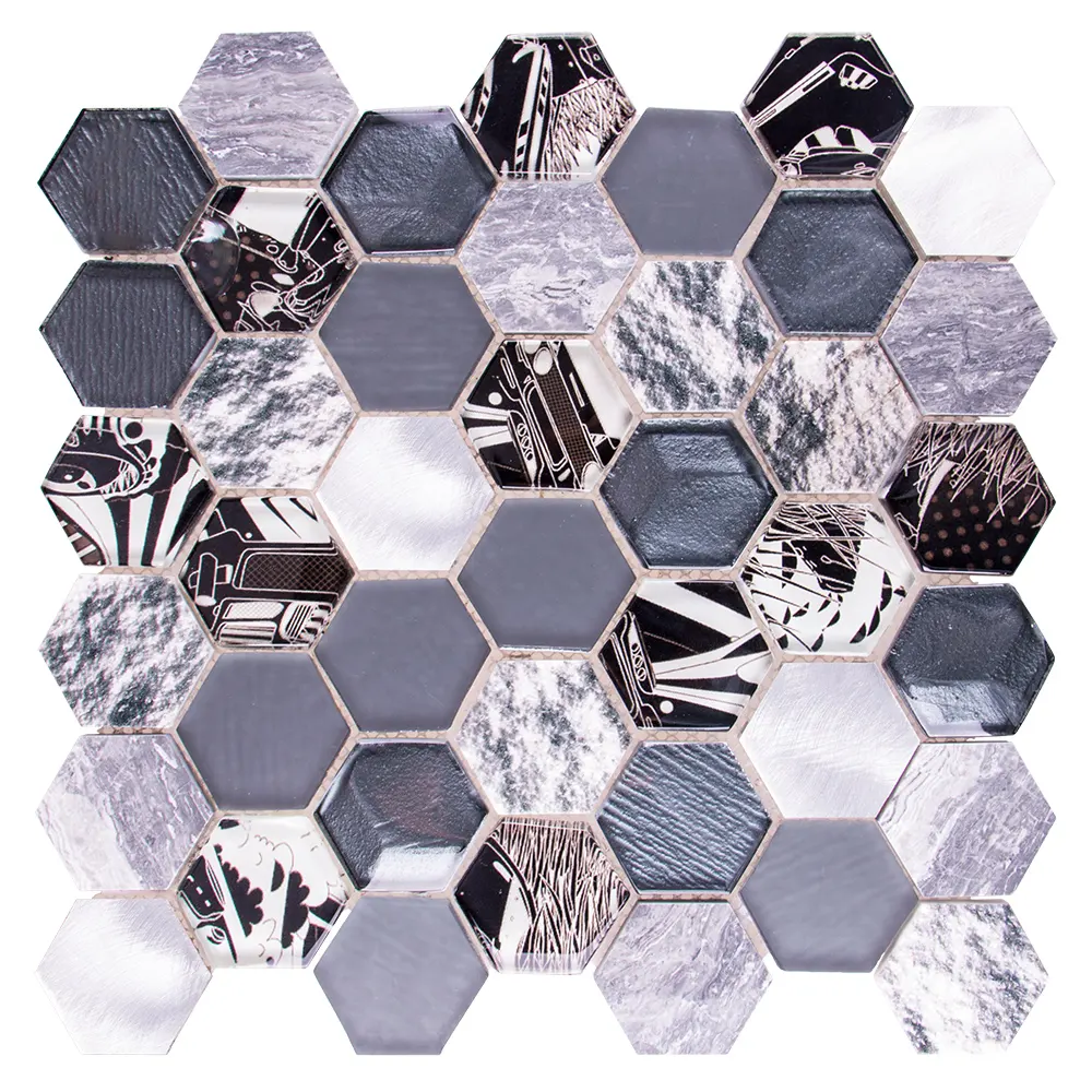 High quality metal aluminum mix marble waterjet mosaic honeycomb tile black hexagon stone mosaic tiles