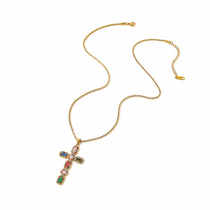 Collier avec pendentif croix plaqué or 18 carats, pierres colorées, style européen, réglable, bijoux cadeau - Product Image 4
