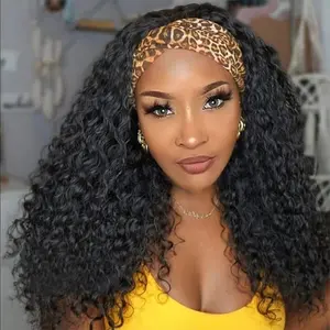 New Design Glueless Natural Wave Deep Curls Raw Virgin Cuticle Aligned Human Hair Headband Band Machine Made No Lace Wigs