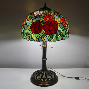 LongHuiJing 16 Inch European Rose Flower Stained Glass Lamp Desk Lights Tiffany Home Table Lamp With Copper Base Stand Lamp - Product Image 1