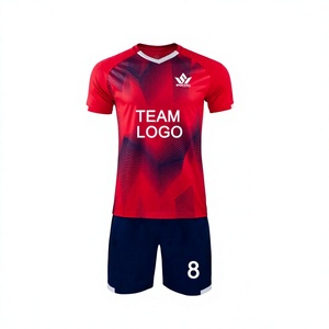 Conjunto de Camiseta y Pantalones Cortos de Fútbol Sublimados Rojos Personalizados para Hombre, con Cuello en V, Manga Corta, Absorción de Humedad, Estampado Frontal del Equipo y Cordón Ajustable - Product Image 1