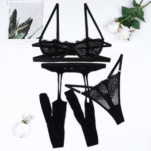 Wholesale Mesh Perspective Lace Temptation Lingerie Set Sexy High Quality Bra and Panty Set With <b>Stockings</b> - Product Image 6