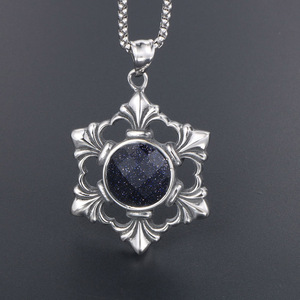 Japanese Korean Style Blue Sandstone Inlaid <b>Titanium</b> Steel Pendant Necklace Flower Shape Snowflake Design Unisex Fashion - Product Image 2