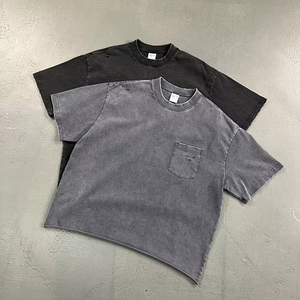 Camiseta de Verano para Hombre, Estilo Retro, Tejido de Punto Lavado, 100% Algodón, Manga Corta, Bordes Desgarrados, Diseño de Bolsillo Inclinado - Product Image 2
