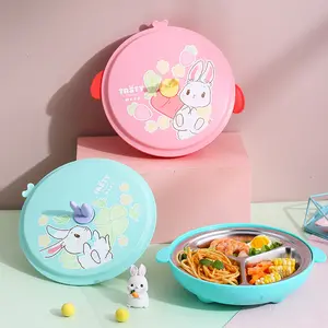 Boîte à déjeuner en acier inoxydable 304, rose et bleu, lapin de dessin animé séparé pour enfants, bébé étudiant, assiette à dîner, bol de nourriture complémentaire