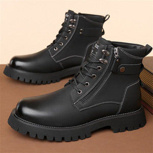 Martin Boot Men Ankle <b>Round</b> <b>Toe</b> Flat <b>Heel</b> Plush Lining Rubber Outsole Anti Slip Rivet Decor Solid Style Winter Fashion - Product Image 3