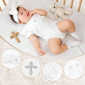 Ensemble cadeau de baptême Pinuotu pour bébé, <span class=keywords><strong>bavoir</strong></span>, bandeau et chaussettes 100% coton avec croix brodée pour nouveau-nés garçons et filles - Product Image 3