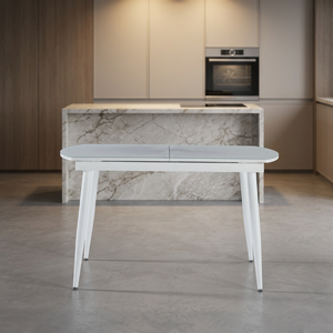 Mesa de Comedor Extensible de Lujo Totalmente Blanca con Superficie con Efecto Mármol - Mesa de Cocina Ovalada Moderna con Patas Cónicas - Estilo Nórdico - Product Image 2
