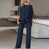 Ensemble deux pièces pour femme, haut asymétrique à épaules dénudées et pantalon large, tenue décontractée pour soirée et détente, extensible, été, vente en gros