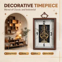 Jam Meja dengan Casing Kayu Retro, Roda Gigi Logam Berputar yang Terlihat, Jam Meja Senyap, untuk Hiasan Rumah & Kantor, Hadiah