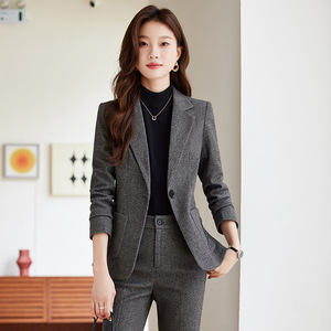 Women's Suit Set Dark Gray <b>Wool</b> Blend Full Sleeve Office Lady Anti-Wrinkle Business Leisure Commuting AJN-8219 - Product Image 4
