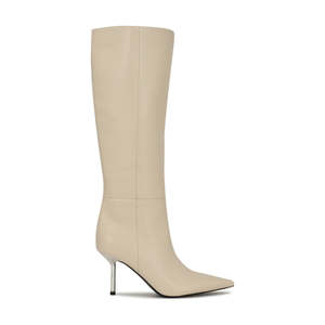 Stivali in pelle al ginocchio personalizzati dal produttore con punta affusolata e tacco a spillo che creano una silhouette elegante e fluida - Product Image 1