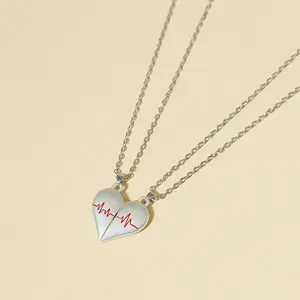 Wholesale 2Pcs/Set Couple Chain Necklaces Half Heart Pendant Heartbeat Magnetic Heart Necklace For Woman