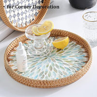 Plateau de service rond en rotin avec incrustation de nacre, finition laquée, décoration pour cuisine et salle de bain, service de café/pain/fruits