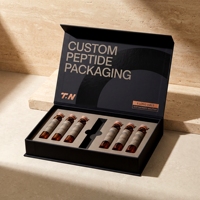 Boîte rigide personnalisée en carton noir pour 6 flacons de peptides, avec insert en mousse et logo estampé à chaud, impression offset, pour soins personnels