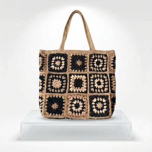 Sac fourre-tout géométrique bohème en crochet fait main pour femme, avec deux poignées, léger et portable, pour le voyage, doublure en polyester - Product Image 1