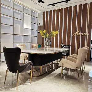 luxury italian comedor dinner table and chair oval salle manger stainless steel leg marble top modern dining table chairs set