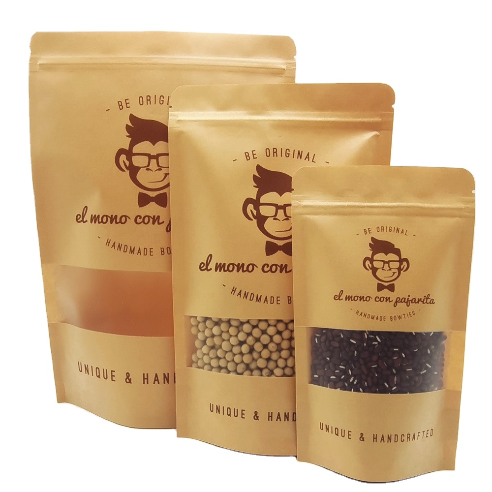 Factory Wholesale Food Packaging Doypack Stand up Pouch Plain Brown Kraft Paper Bag With Matte Window and Zip Lock for Tea Snack