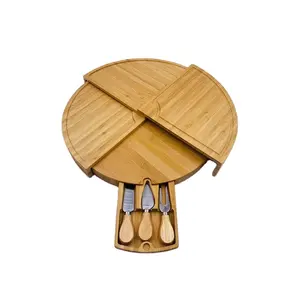 竹木可折叠圆形方形旋转石板奶酪板，带刀具和碗套
