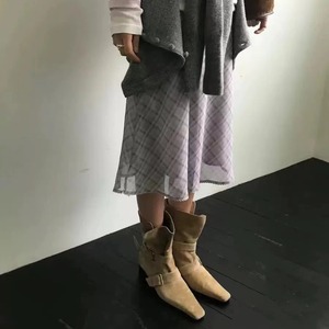 Botas de media pantorrilla para mujer 2026 de cuero genuino y ante, estilo retro, con punta cuadrada, tacón grueso, hebilla y diseño plegable 2 en 1. - Product Image 3