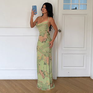 Green Floral Print Pleated Neckline Spaghetti Strap Maxi Dress Summer Beach Vacation Bohemia Elegant Backless <b>Long</b> <b>Slip</b> Dress - Product Image 4