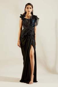 Sari noir pour femme - Tenue de soirée ethnique moderne Inde & Pakistan avec tissu à séchage rapide pour toutes les saisons, fêtes/événements - Product Image 2
