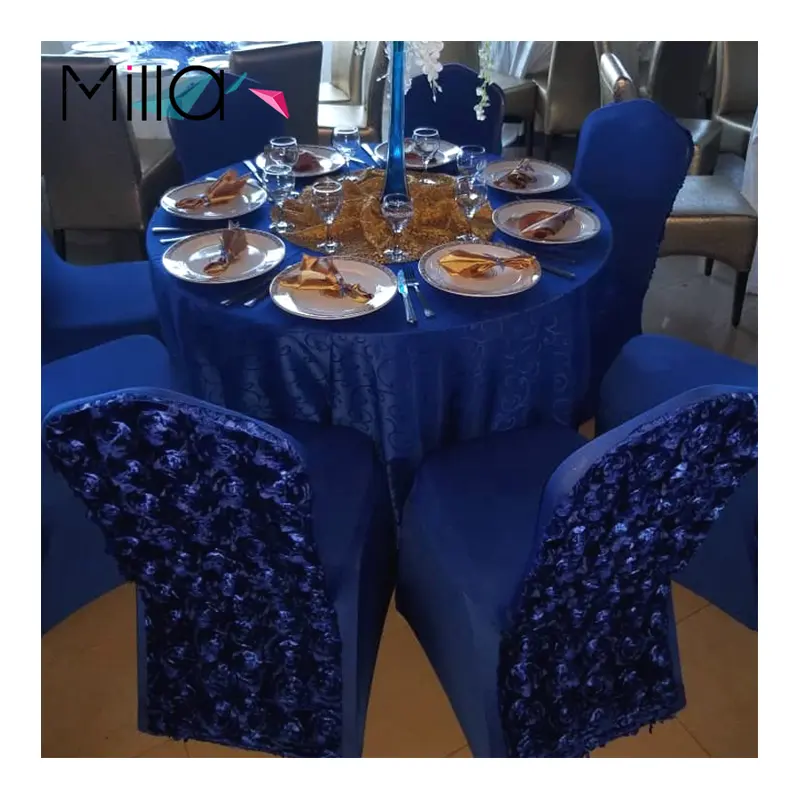 Wholesale Good Quality Royal Blue Round Brocade Tablecloth