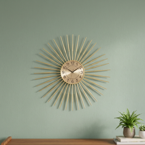 Horloge murale Sunburst de style moderne du milieu du siècle, analogique à quartz, en métal, décoration de salon, design géométrique abstrait doré - Product Image 6