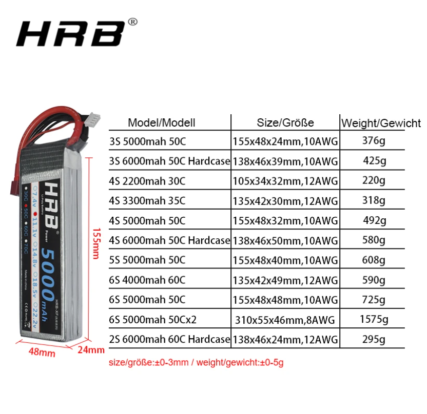 HRB Batterie LiPo 4S 14.8V 6000mAh 50C Deans T - Haute Performance Pour RC Voiture, Hélico, Drone Et Avion