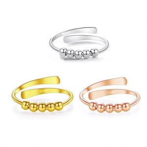 Nouvelle conception : Bagues tournantes à 5 perles pour femmes, ouvertes et ajustables, en Or, Argent, Or Rose, anti-stress et anti-anxiété, pour fille - Product Image 1