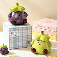 Mug en céramique en forme d'aubergine avec couvercle assorti, personnage de dessin animé 3D mignon, tasse à café ou à thé Kawaii avec visage souriant, vaisselle originale et décoration de bureau