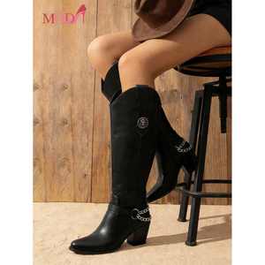 Botas Negras de Mujer hasta la Rodilla con Diseño de Tachuelas, Punta Puntiaguda, Tacón Cuadrado, Material TPU, Tendencia de Moda, Pantorrilla Ancha, para Vacaciones - Product Image 5