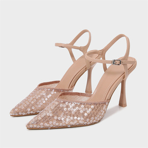 Luxury <strong>Mesh</strong> Sequin <strong>Beaded</strong> Pointy Toe High Heels Muller Shoes Women Fashion Thin Heeled Sandals <strong>Slippers</strong> - Product Image 1