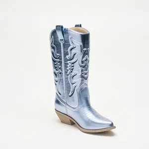 Sapatos de cowboy com botas altas de cowboy, blusa de cavalo ocidental brilhante e pontiaguda para mulheres, moda vintage de cor sólida