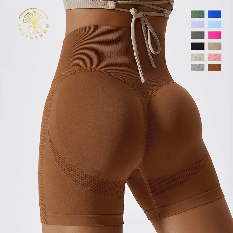 Vente en gros de shorts de sport fitness à séchage rapide en forme de V, vêtements athlétiques, sans couture, taille haute, gym, yoga, scrunch, fesses pour femme