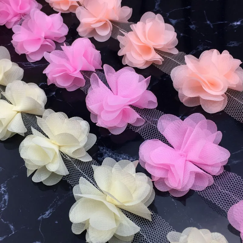 Zsy ริบบิ้นลูกไม้ผ้าชีฟองประดับ3D ลายดอกไม้หลากสี5.8ซม. สำหรับชุดเดรส
