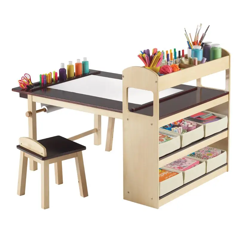 Kids Wooden Furniture 3 Piece Arts and Crafts Table and Chair Set with Bookshelves for Boys and Girls Study Table Chair Set