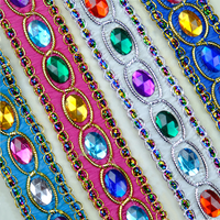Acrylique Gemme Tricoté Polyester Dentelle Tissu Vêtements À La Main Diamant Cristal Ruban 3cm Perlé Costume De Danse Folklorique Ttrimming