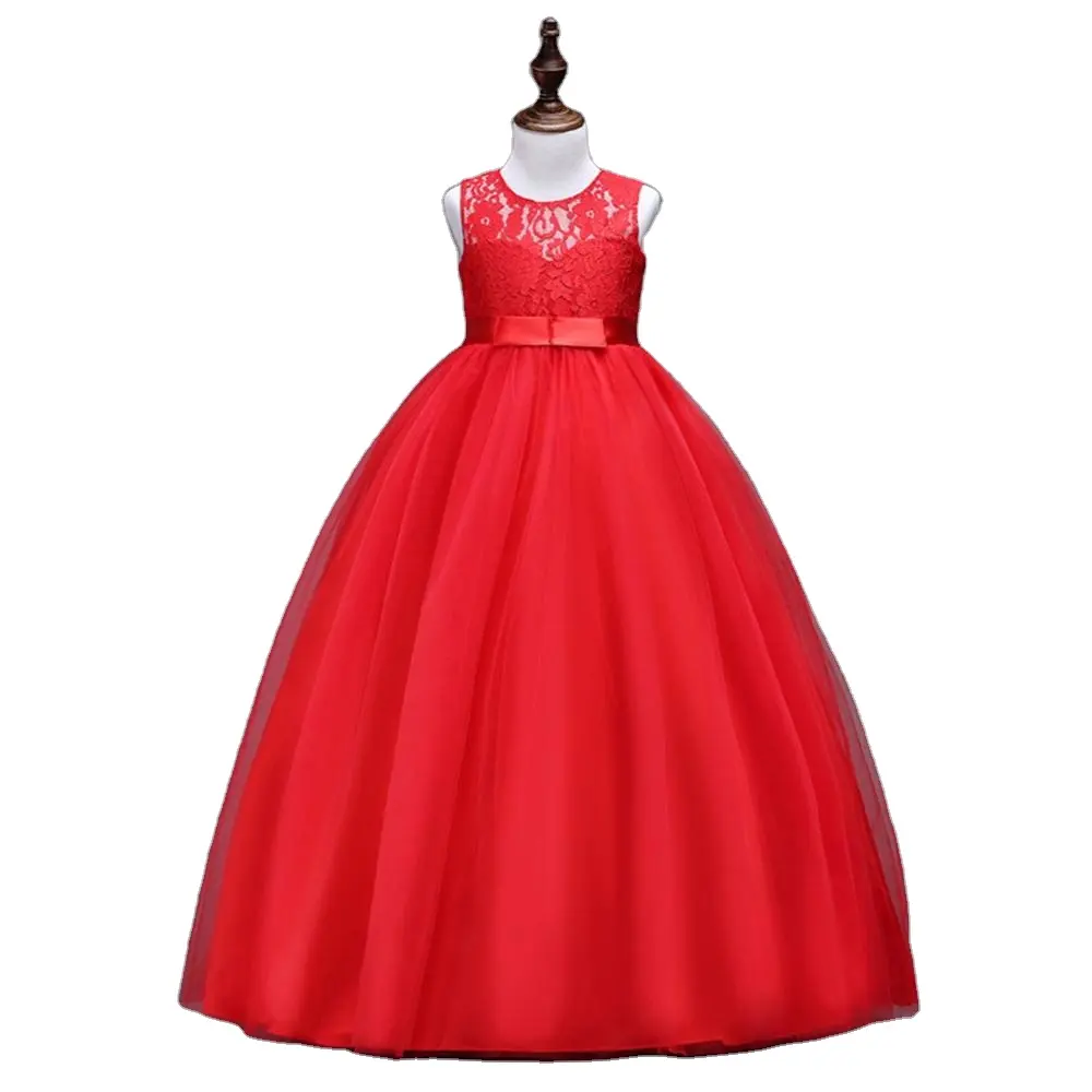 Korean style red girl wedding gown Children's Ball Evening Dress Lace design for children's Birthday Dress for 10 years old