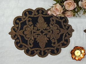 Handmade <b>Beaded</b> Oval <b>Placemat</b> Vintage Fabric Table Mat with Floral Design for Dining Decor - Product Image 1