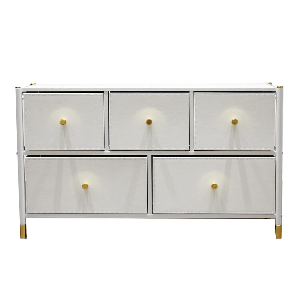 Moderno cuero blanco y oro tocadores 5 cajones plegables de almacenamiento gabinete muebles de dormitorio