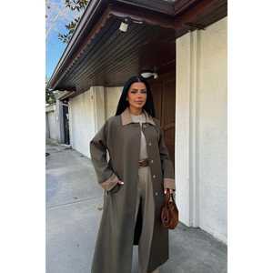 Manteau long kaki pour femme, col imprimé, double boutonnage, imperméable, en tissu tricoté, style décontracté pour l'automne, coton personnalisé - Product Image 2