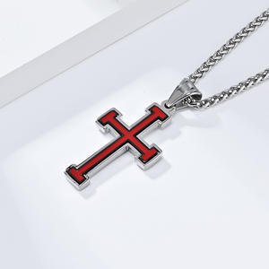 Stainless Steel <b>Cross</b> Pendant Necklace Unisex Geometric Design Red Inlay Bezel Setting - Product Image 4