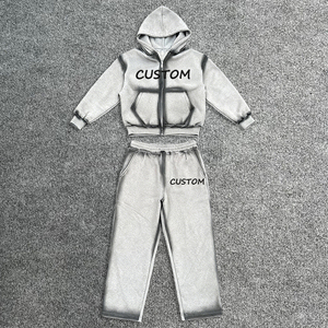 Set Personalizzato da Uomo con <span class=keywords><strong>Felpa</strong></span> con Cappuccio e Zip e Pantaloni Jogger, Logo Ricamato, Alta Qualità, <span class=keywords><strong>Oversize</strong></span>, Pesante, Grigio, con Cuciture - Product Image 2