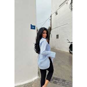 Hauts pour femmes en coton et mousseline rayés à col montant bleu Romi, coupe décontractée, tailles XS-XL, pour le bureau, les fêtes, les saisons automne et printemps - Product Image 1