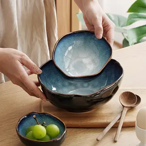 Kaiwa mangkuk makan malam biru mengkilap, porselen untuk Salad Noddle Hotel restoran rumah untuk Horeca keramik mangkuk nasi peralatan makan