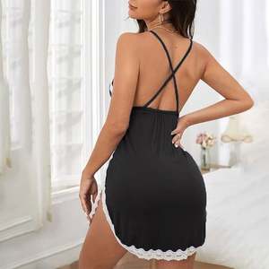 Camisón de satén de verano SFY2932 de alta calidad para mujer, talla grande, cómodo, con encaje, espalda en V profunda, ropa de casa, lencería sexy. - Product Image 6