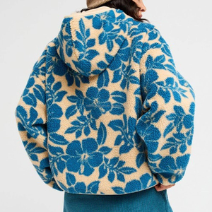 Chaqueta Sherpa Floral Personalizada para <span class=keywords><strong>Mujer</strong></span>, Sudadera con Capucha y Cremallera, Estampado de Flores Azules Vintage, Fabricación OEM - Product Image 2