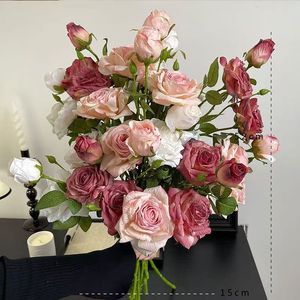 Bouquet de roses artificielles à 3 têtes, fleurs en soie à bords brûlés, blanc, rose, rouge, décoration de mariage, ornement de salon - Product Image 1