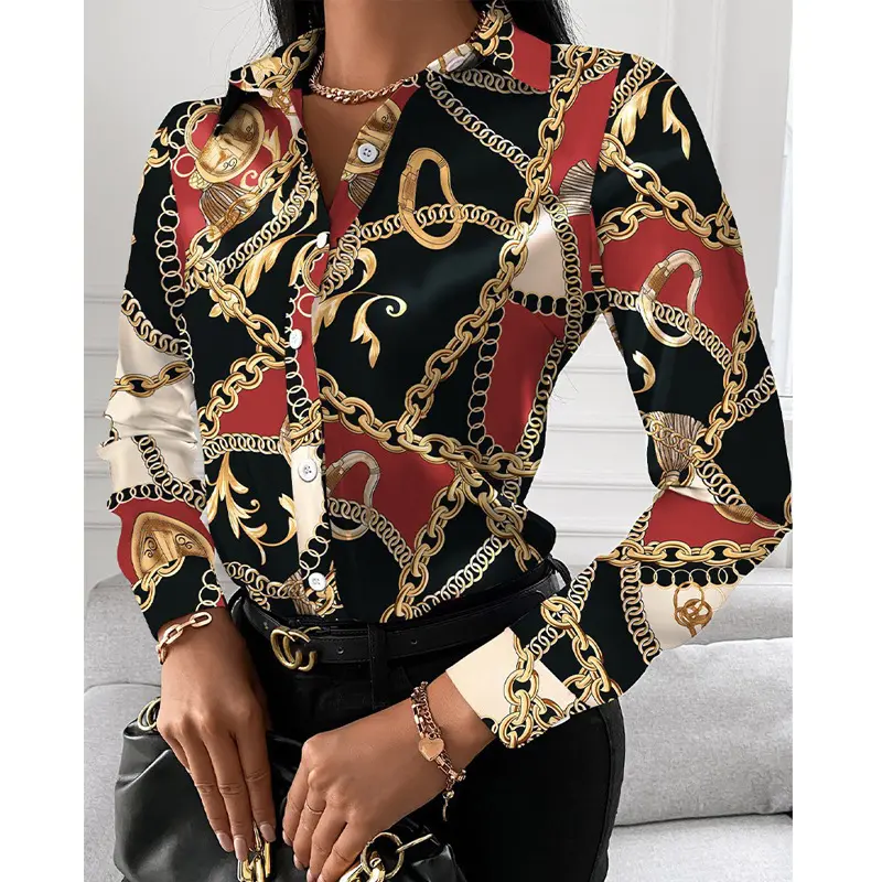 New Long Sleeve Lantern Tops Sleeve Print Blouse Women Female Clothing Elegant Shirts and Blouses